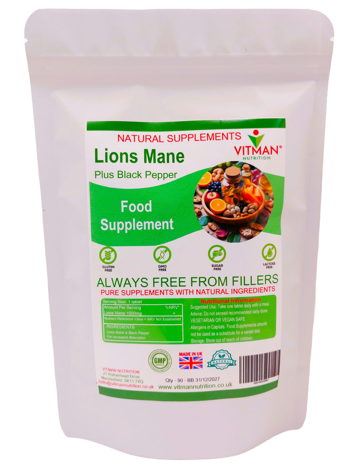 A white stand-up pouch of VITMAN Nutrition Lions Mane Plus Black Pepper food supplement, featuring a green and white label with product details and a small food illustration.