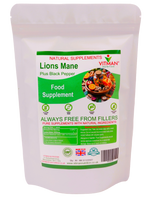 A white stand-up pouch of VITMAN Nutrition Lions Mane Plus Black Pepper food supplement, featuring a green and white label with product details and a small food illustration.